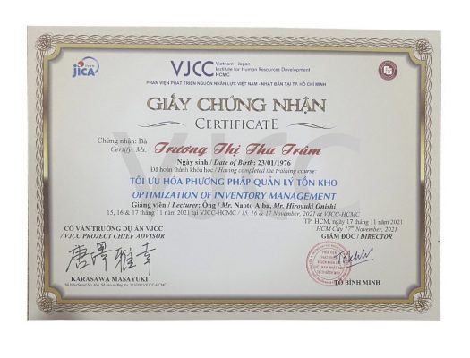 Giấy chứng nhận tối ưu hoá phương pháp quản lý tồn kho.